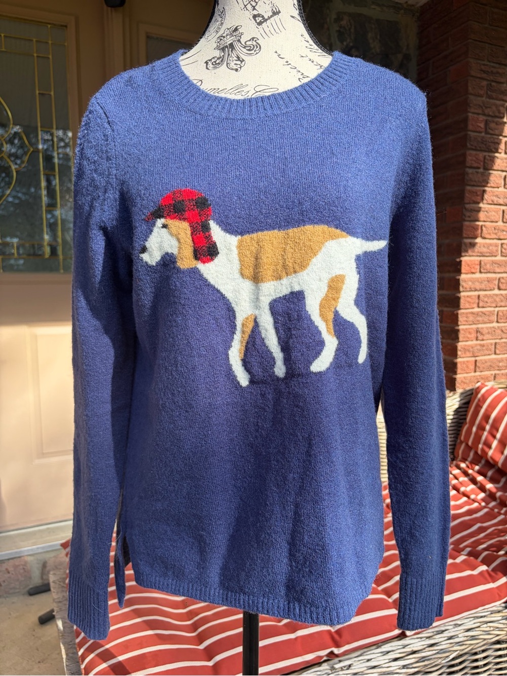 Woolrich Size Small Blue Crewneck Wool Blend Sweater with Dog